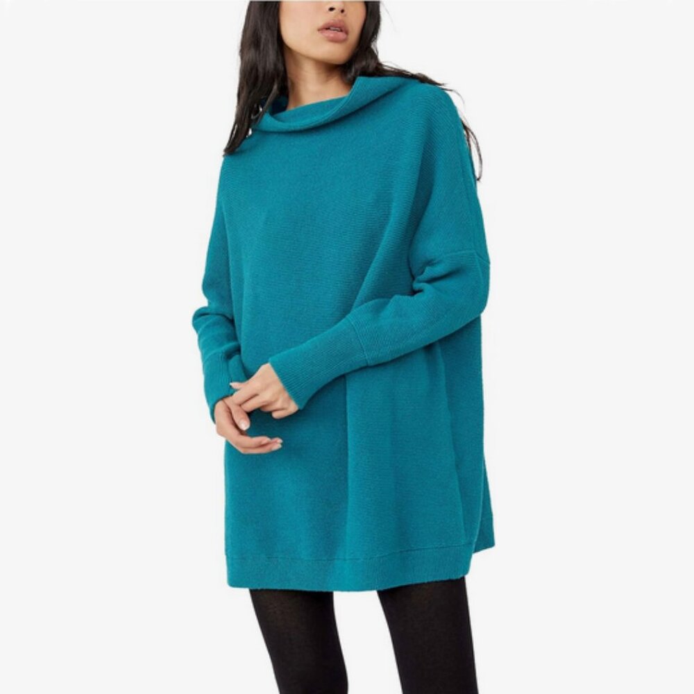 Free People Sweater Ottoman Blue Teal Slouchy Ribbed Knit Tunic Oversized Medium